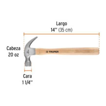 Martillo Pulido 20 Oz Uña Curva, Mango Madera, Truper 16753