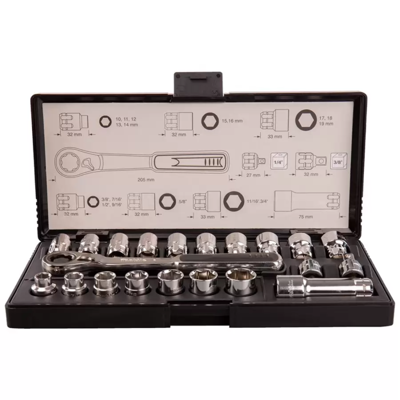 Jgo. De Dados Y Matraca Recta mm/std. De 1/4",3/8" (21Pcs). MAKITA ACCESORIOS B65604