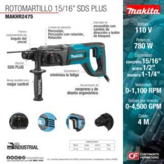 Rotomartillo SDS Plus 15/16" 780 W 2.3 J 0-4,500 gpm Mango en D MAKITA HR2475