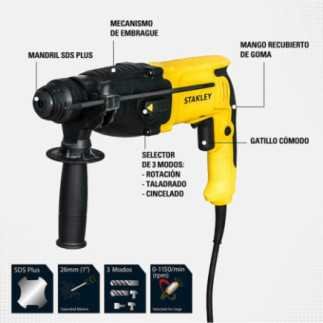 Rotomartillo SDS Plus 1" 800 W 2.4 J 4,300 gpm + brocas + estuche STANLEY SHR263KA-B3