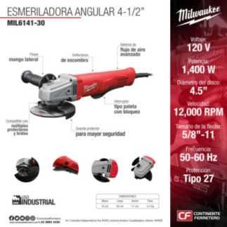 Esmeriladora Angular Mini 4-1/2" 1,400 W 12,000 rpm con bloqueo MILWAUKEE 614130