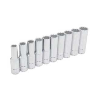 Juego de dados largos cuadro de 1/2" 12 puntas metricos en riel 10 piezas Urrea 54215