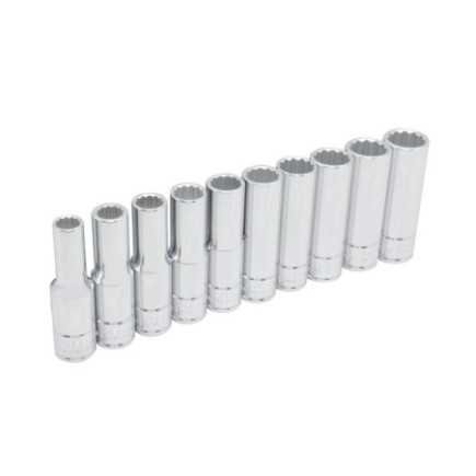 Juego de dados largos cuadro de 1/2" 12 puntas metricos en riel 10 piezas Urrea 54215