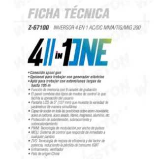 Soldadora INVERSOR MULTIPROCESO 4EN1 AC/DC MMA/TIG/MIG 200A 220V WEST-Z67100