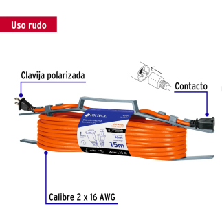 Extensión eléctrica uso rudo 15 m 2x16 AWG para 1 clavija