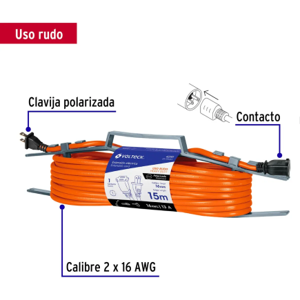Extensión eléctrica uso rudo 15 m 2x16 AWG para 1 clavija