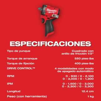 Llave de Impacto Compacta 1/2" 12 V FUEL SOLO EQUIPO Milwaukee 2563-20