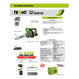 Motosierra Inalámbrica 560W Brushles 12" C/ Bat 20 V Y Cargado NITRO MSB105