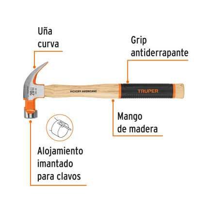 Martillo uña curva 20 oz pulido mango hickory con grip TRUPER 16656