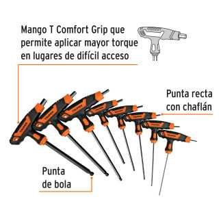 Juego 8 Llaves Allen Std Extralargas Mango T, Punta De Bola