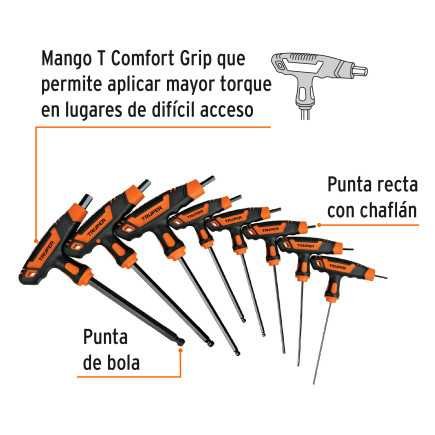 Juego 8 Llaves Allen Std Extralargas Mango T, Punta De Bola