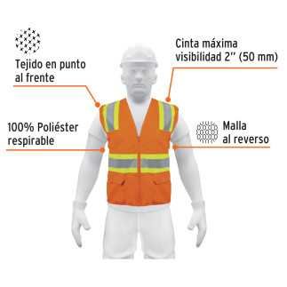 Chaleco De Seguridad Naranja Max Visibilidad Y 6 Bolsas