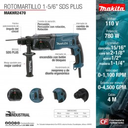 Rotomartillo 15/16" Sds Plus 780 Watts 0-4500 Gpm Makita HR2470 MAKHR2470 MAKITA HERRAMIENTAS