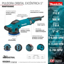 Pulidora Orbital Exentrica 5" 0-6,800 Opm Makita PO5000C MAKPO5000C MAKITA HERRAMIENTAS