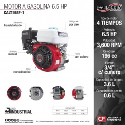 Motor Gasolina 6.5 Hp 3,600 Rpm Cuñero 4 Tiempos California Machinery CALT168F-1 CALT168F-1 CALIFORNIA MACHINERY