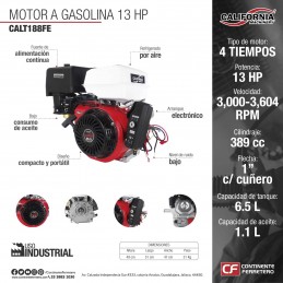 Motor Gasolina 13 HP 4 T 3,600 Rpm California CALT188FE CALIFORNIA CONSTRUCTION