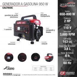 Generador Portatil 950 Watts 2 Hp 3.4 Litros 110 Volts Silencioso California Machinery CALT950C CALT950C CALIFORNIA CONSTRUCTION