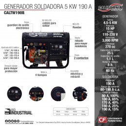Generador Soldadora 190 A 5,000 W 110V Encendido Electronico CALTW190B CALTW190B CALIFORNIA CONSTRUCTION