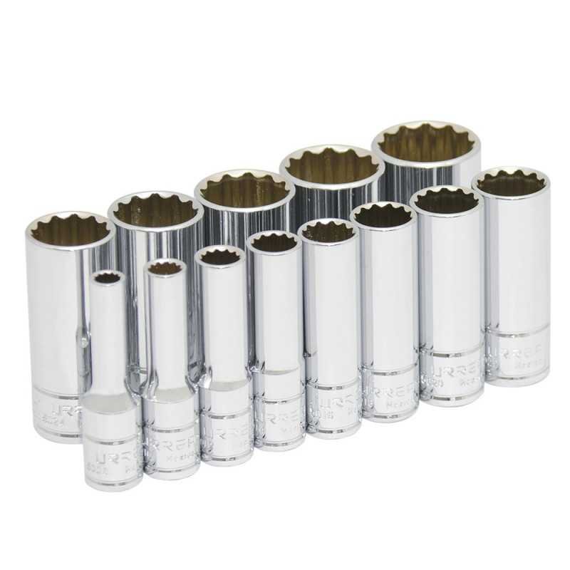 Juego de dados largos cuadro de 3/8" 12 puntas en pulgadas en riel 13 piezas Urrea 52112