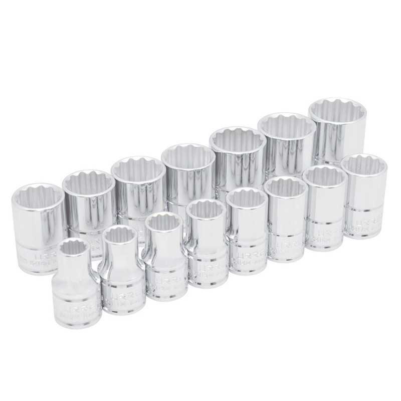 Juego de dados cuadro de 1/2" 12 puntas metricos 15 piezas Urrea 54206