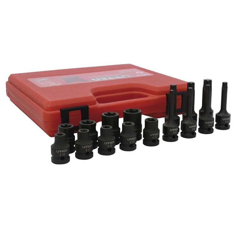 Juego de dados de impacto torx hembra y punta torx cuadro de 1/2" 16 piezas Urrea 74ET17