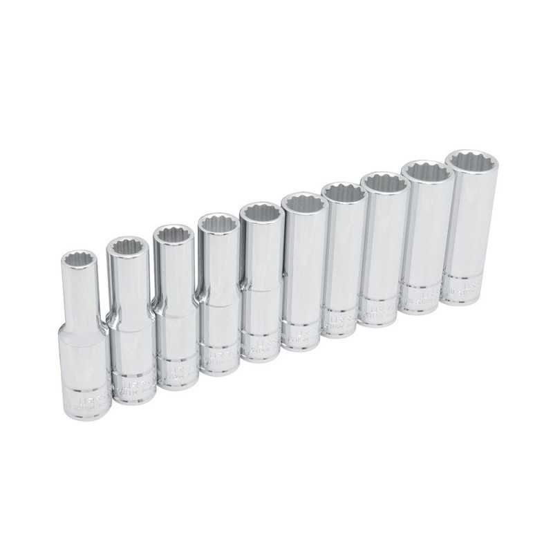 Juego de dados largos cuadro de 1/2" 12 puntas metricos en riel 10 piezas Urrea 54215