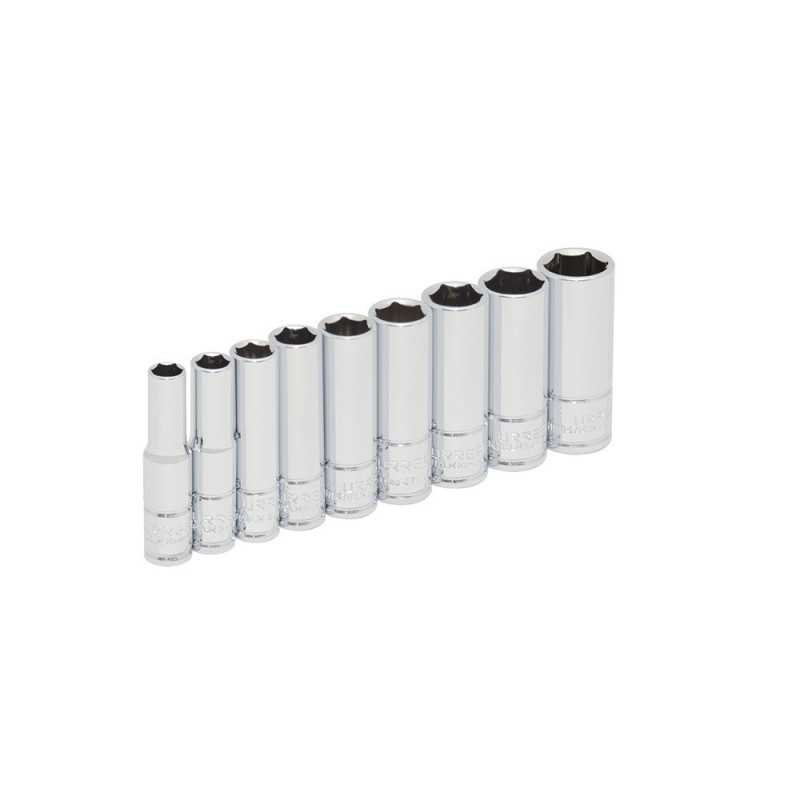 Juego de dados largos cuadro de 1/4" 6 puntas metricos en riel 9 piezas Urrea 47202