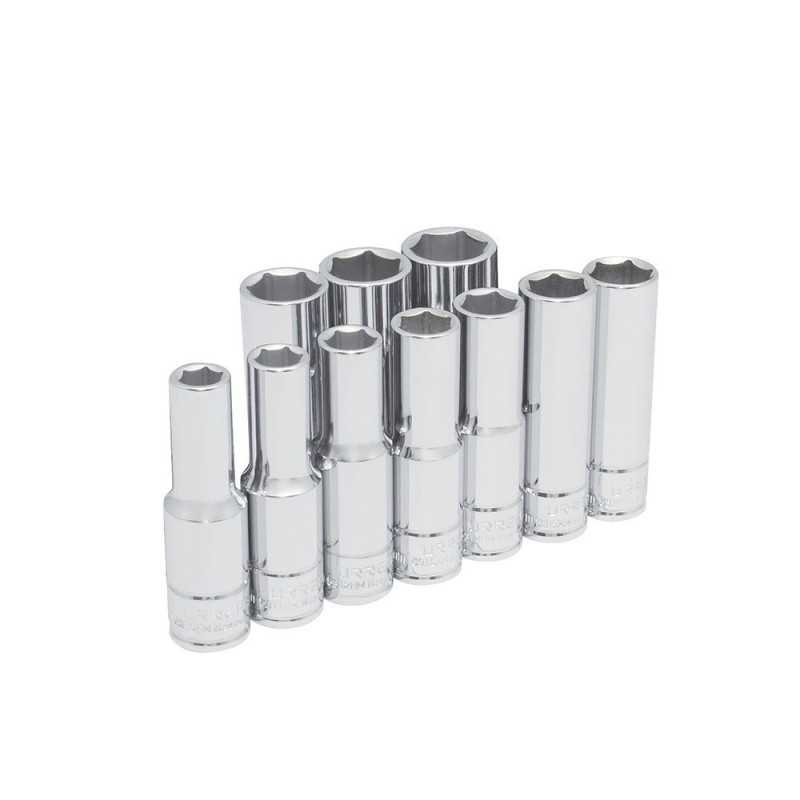 Juego de dados largos cuadro de 1/2" 6 puntas metricos en riel 10 piezas Urrea 54216