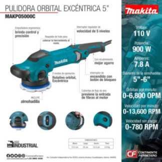 Pulidora Roto-Orbital Excéntrica 5" 900 W 0-6,800 rpm MAKITA PO5000C