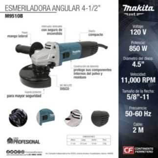Esmeriladora Angular Mini 4-1/2" 850 W 11,000 rpm sin disco MAKITA M9510B