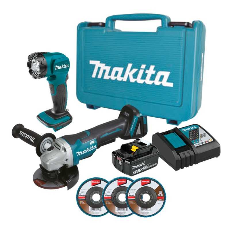 Combo Esmeriladora 4-1/2" + Lámpara 18 V + batería 5 A + discos MAKDGA458STKIT MAKDGA458STKIT MAKITA