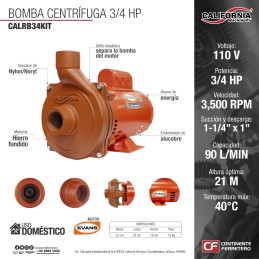 Bomba Centrífuga 1-1/4" x 1" 3/4 Hp 110 V Motor EVANS CALIFORNIA MACHINERY CALRB34KIT CALRB34KIT CALIFORNIA MACHINERY