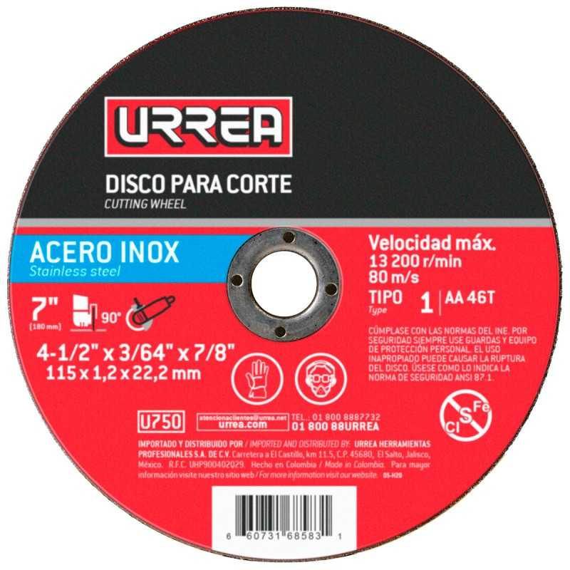 U750 Disco abrasivo tipo 1 para acero inoxidable 4-1/2" x 3/64" Urrea U750 URREA