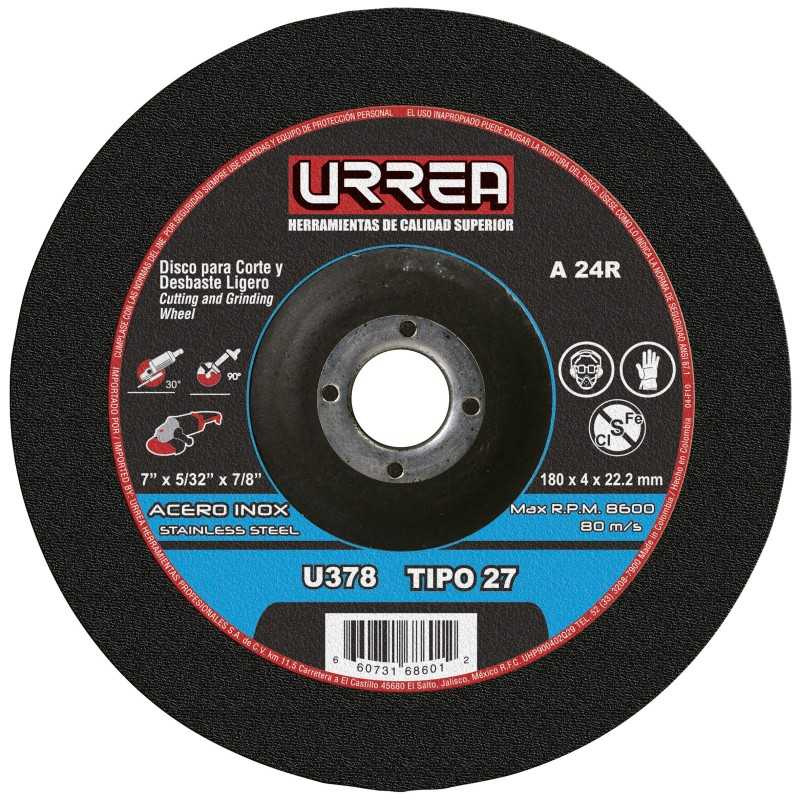 U378 Disco abrasivo tipo 27 para acero inoxidable 7" x 5/32" Urrea U378 URREA