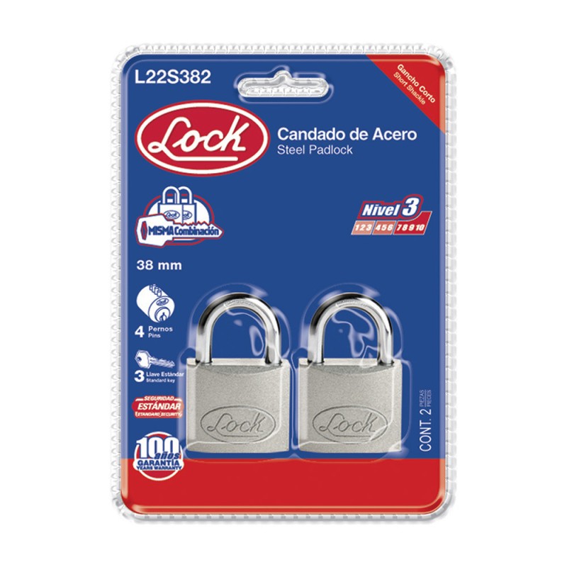 L22S382 Juego de candados de acero cortos 38 mm llave estándar 2 piezas Lock L22S382 LOCK