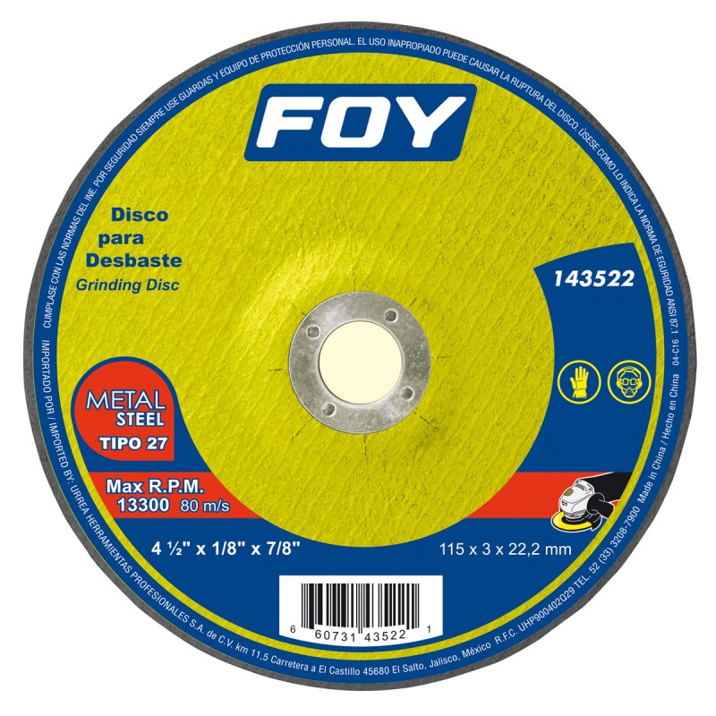 143522 Disco abrasivo tipo 27 para metal 4-1/2" x 3 mm Foy 143522 FOY