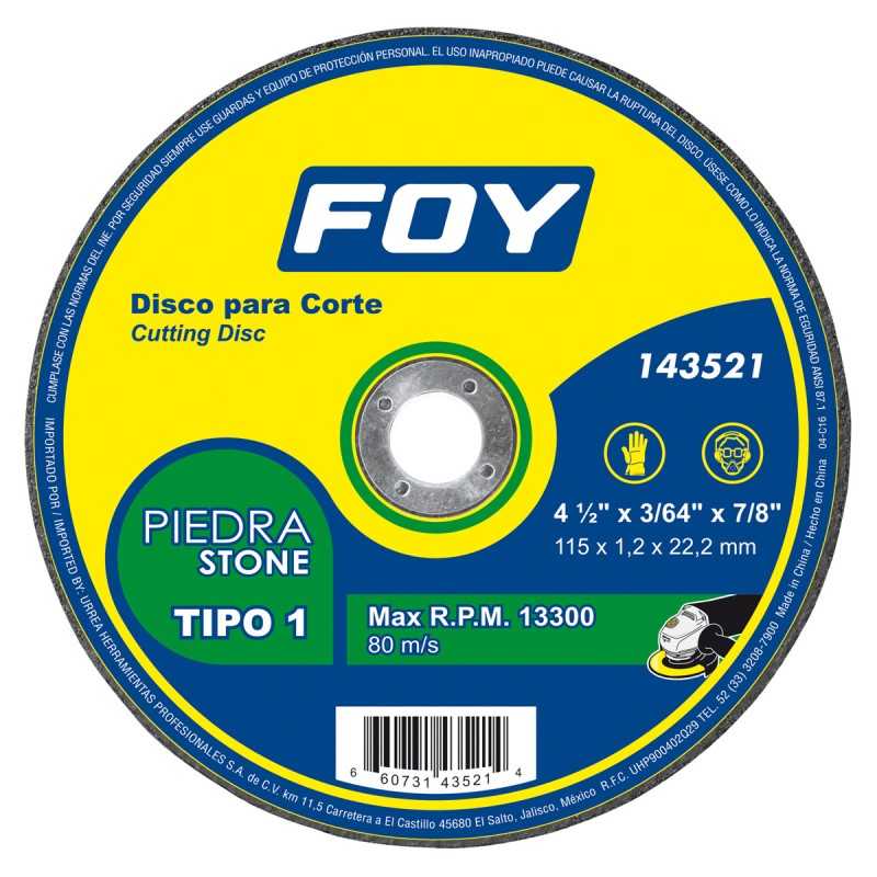 143521 Disco abrasivo tipo 1 para piedra 4-1/2" x 1.2 mm Foy 143521 FOY