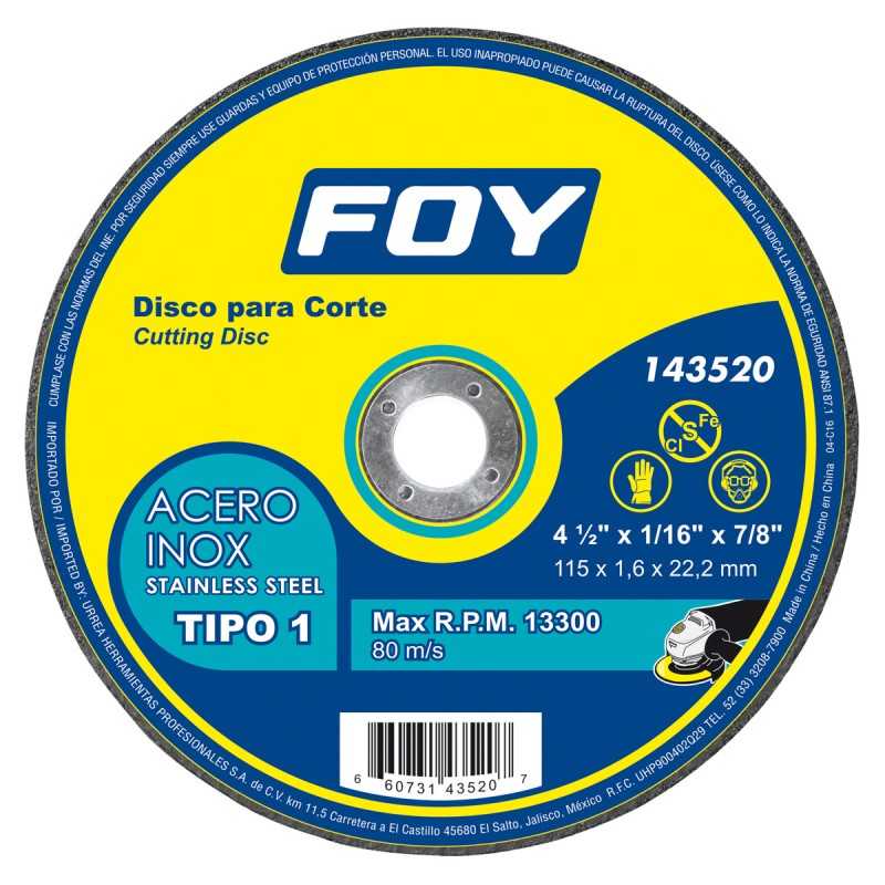 143520 Disco abrasivo tipo 1 para metal 4-1/2" x 1.6 mm Foy 143520 FOY