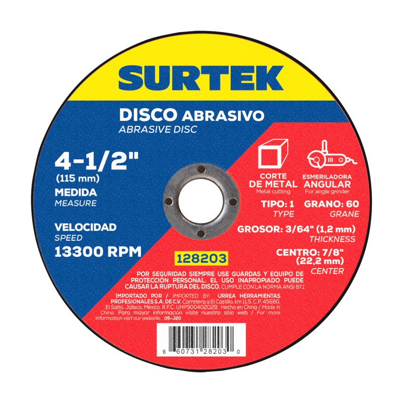 128203 Disco abrasivo tipo 1 para metal 4-1/2" x 1.2 mm Surtek 128203 SURTEK