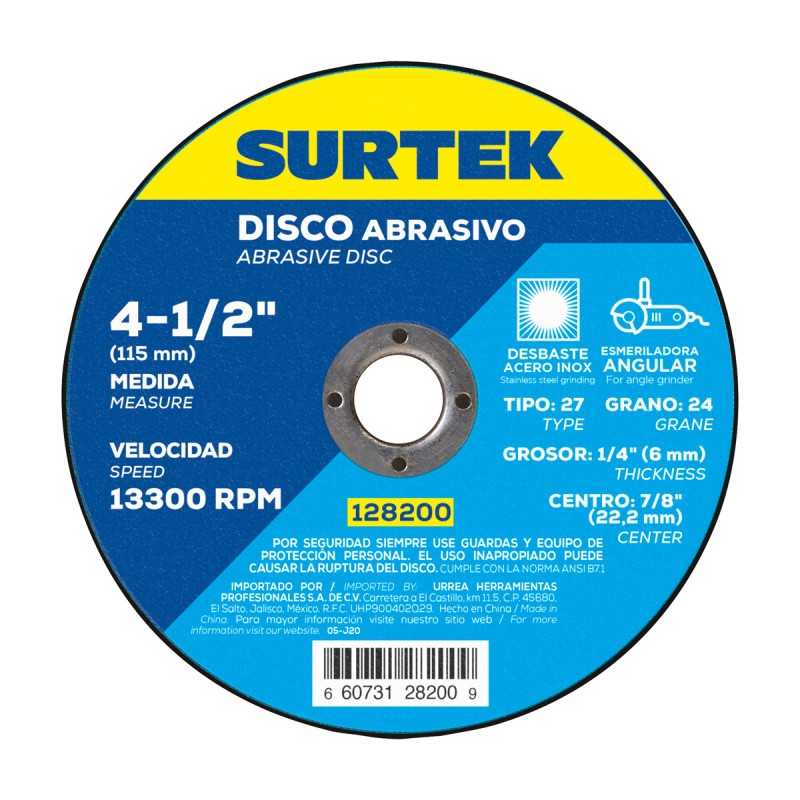 128200 Disco abrasivo tipo 27 para metal 4-1/2" x 1/4" Surtek 128200 SURTEK