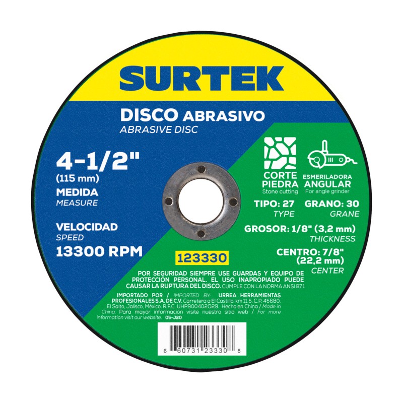 123330 Disco abrasivo tipo 27 para piedra 4-1/2" x 1/8" Surtek 123330 SURTEK