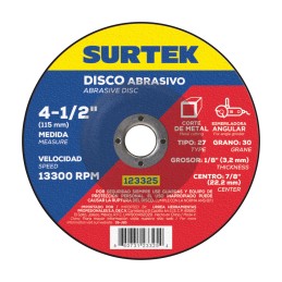 123325 Disco abrasivo tipo 27 para metal 4-1/2" x 1/8" Surtek 123325 SURTEK