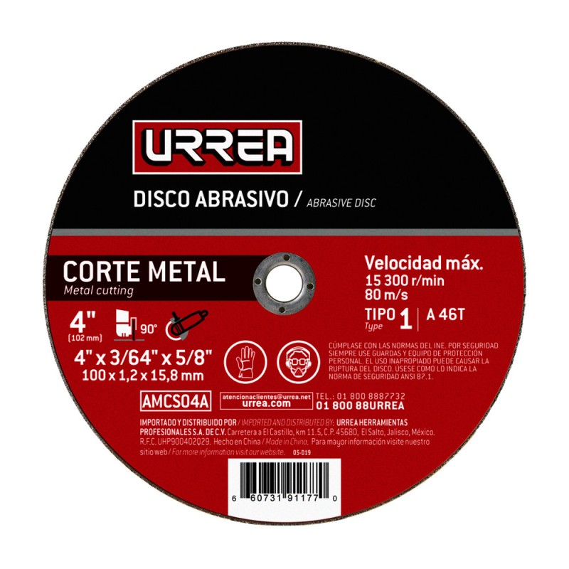 AMCS04A Disco abrasivo tipo 1 para metal 4" x 3/64" Urrea AMCS04A URREA