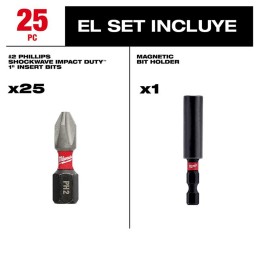 Puntas de Impacto phillips No2 x 1" bote 25 piezas + Socket MILWAUKEE 48325009