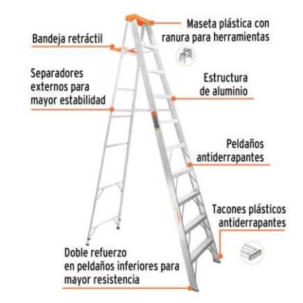 Escalera de tijera tipo II, 9 escalones, con bandeja TRUPER 10436