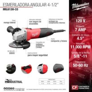Esmeriladora Angular Mini 4-1/2" 750 W 12,000 rpm MILWAUKEE 613033