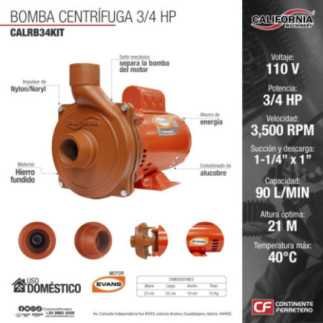 Bomba Centrífuga 1-1/4" x 1" 3/4 Hp 110 V Motor EVANS CALIFORNIA MACHINERY CALRB34KIT